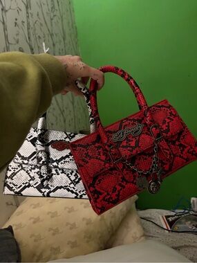 Ed Hardy Red Snake-Print Top Handle Bag bundle